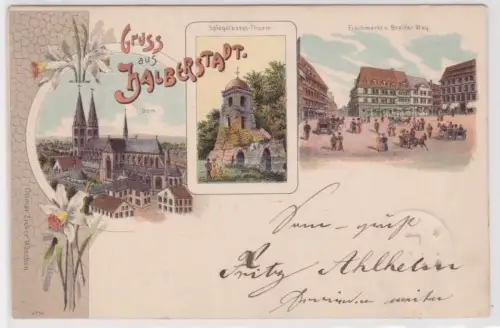 23006 Ak Lithographie Gruß aus Halberstadt Fischmarkt usw. 1899