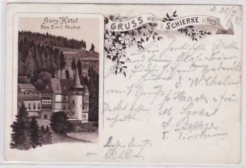 78797 Ak Lithographie Gruß aus Schierke im Harz Burg Hotel 1897