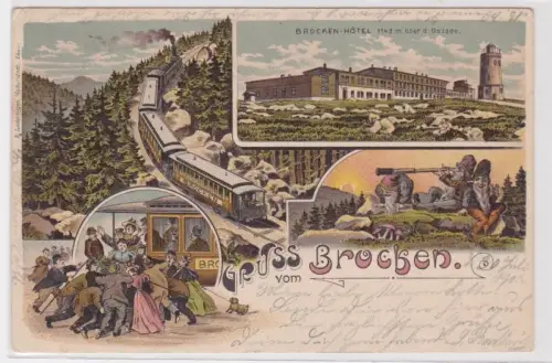 36979 Ak Lithographie Gruß vom Brocken mit Brockenbahn und Hotel 1903