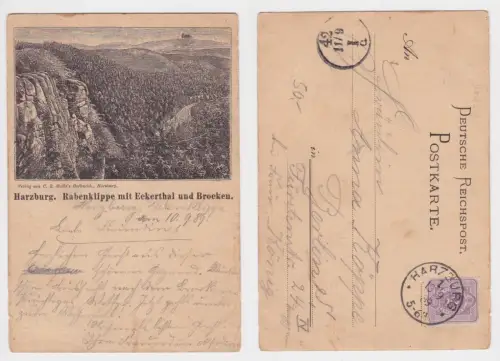 79213 Vorläufer Ak Harzburg Rabenklippe mit Eckerthal und Brocken 1889 !!!