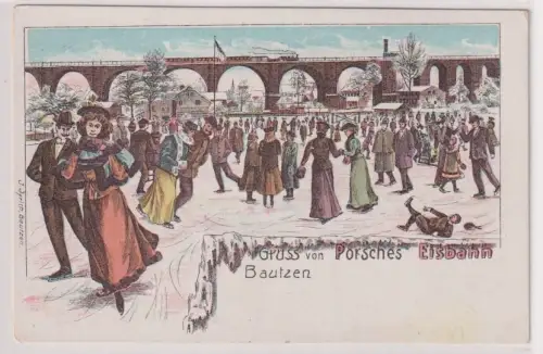 09980 Ak Lithographie Gruß von Porsches Eisbahn Bautzen um 1900