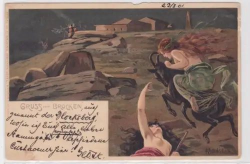 31284 Ak Lithographie Gruß vom Brocken Hexe aus Ziegenbock 1901