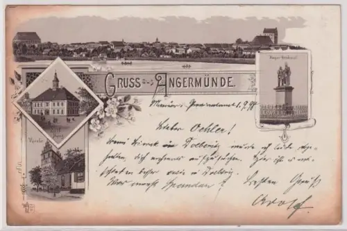 901269 Ak Lithographie Gruß aus Angermünde Kaiserdenkmal usw. 1898