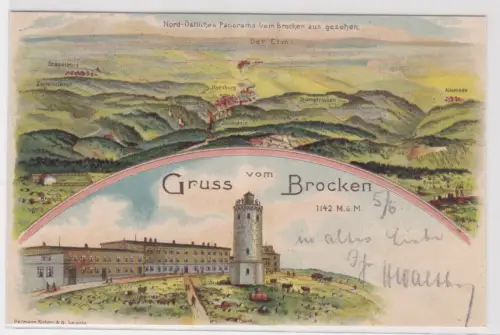 907581 AK Gruss vom Brocken.Nord-Östliches Panorama vom Brocken aus gesehen.1899