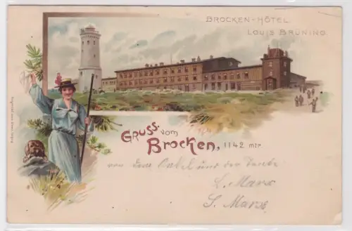 31835 AK Gruss vom Brocken, 1142 mtr. Brocken-Hotel. Louis Brüning. 1898