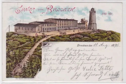 34223 AK Gruss vom Brocken. Brockenhotel und  Aussichtsturm. 1142 mtr. 1896