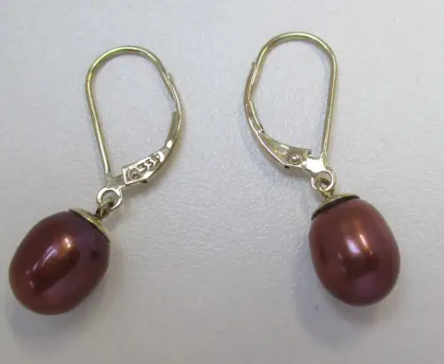 charmante 375er Gold Ohrringe Hängeohrring mit braunschimmernder Perle (111199)