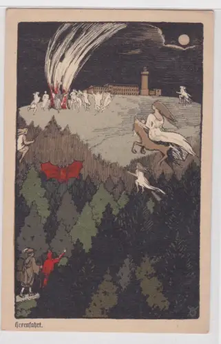 19025 Ak Künstler-Stein-Zeichnung Brocken "Hexenfahrt" Walpurgisnacht um 1920