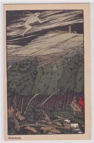 00018 Ak Künstler-Stein-Zeichnung Brocken "Windsbraut" Walpurgisnacht um 1920