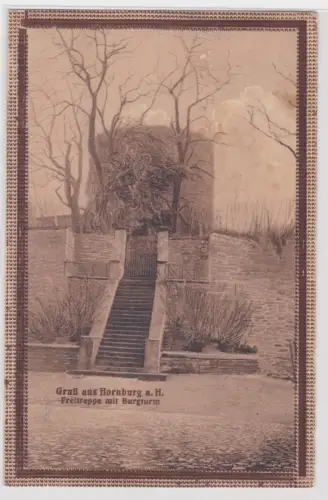 96252 Ak Gruß aus Hornburg a. H. Freitreppe mit Burgturm. 1917