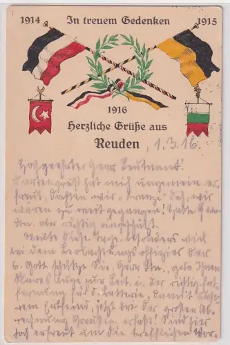 907785 Feldpost Patriotika Ak Reuden 1.Weltkrieg Fahnen der Verbündeten 1915
