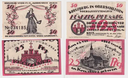 2 Banknoten Notgeld Stadt Kreuzburg in Oberschlesien 18.01.1921 (113164)