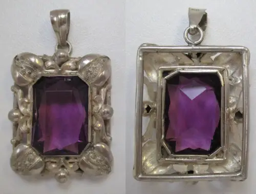 elegante 800er Silber Anhänger verzierte Steinfassung + Amethyst (109123)