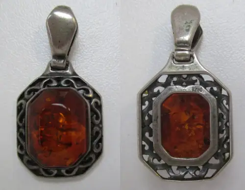 elegante 925er Silber Anhänger verzierte Steinfassung + Bernstein (146676)