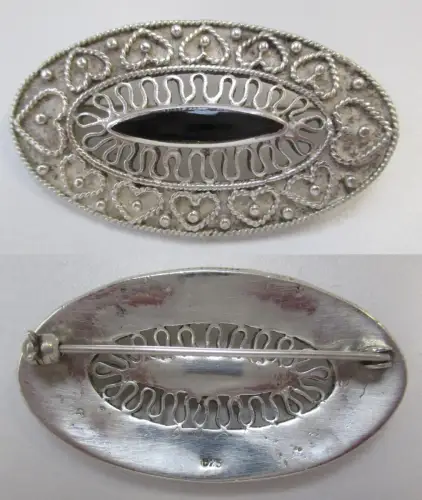 elegante 925er Sterling Silber Brosche mit Onyx im Jugendstil (142386)