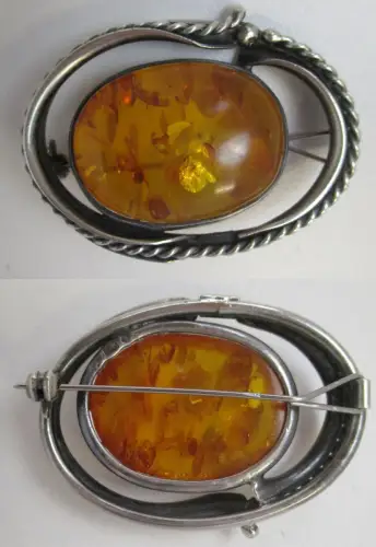 dekorative Brosche 925er Sterling Silber mit Bernstein + Silberseil (109298)