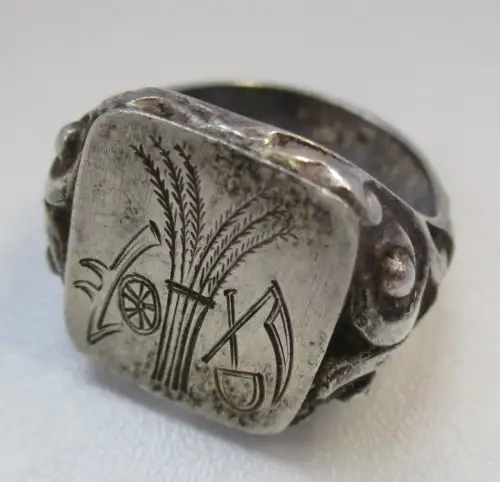 hochwertiger 835er Silber Ring Siegelring Landwirtschaft Ähren Schaufel (100270)
