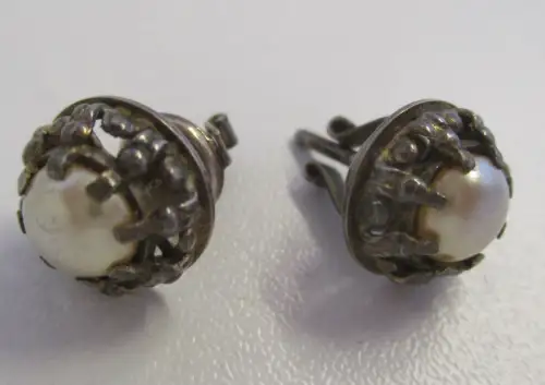 elegante Silber Ohrring Ohrstecker im Jugendstil mit Perle um 1920 (157188)
