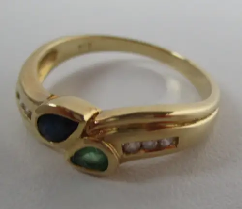 hochwertiger 750er Gold Ring mit Smaragd, Saphir und 6 Diamanten (168182)