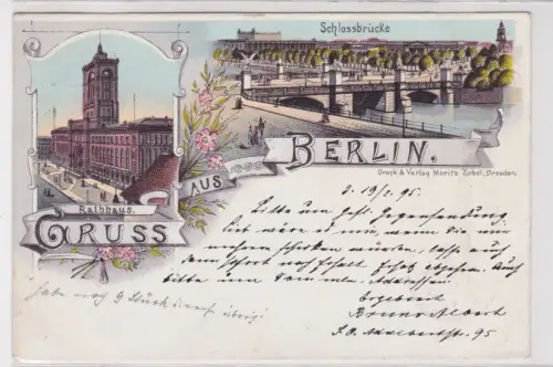 41036 Lithographie Ak Gruss aus Berlin - Rathhaus und Schlossbrücke 1895
