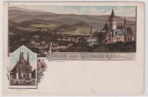 89986 Ak Gruss aus Wernigerode. Totalansicht, Schloss, Rathaus. um 1930