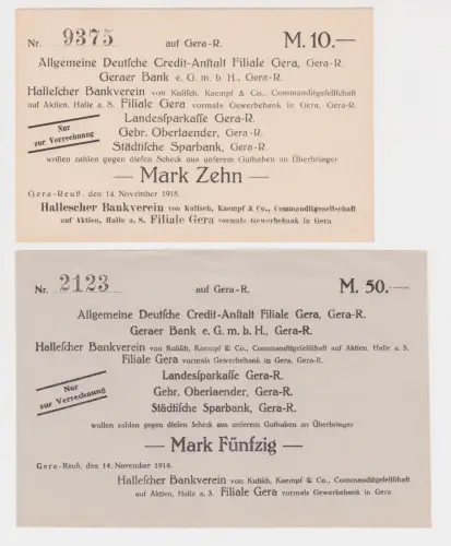 10 und 50 Mark Banknoten Gera Reuss Hallescher Bankverein 14.11.1918 (149172)
