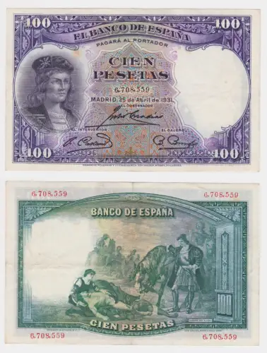 100 Pesetas Banknote Spanien 25.4.1931 Pick 83  (143215)