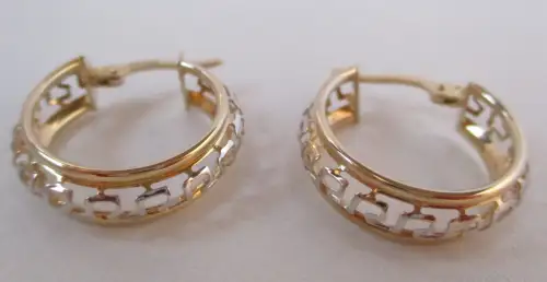 elegante 585er Gold Ohrringe Bicolor Weiß Gelbgold verzierte Ringschiene /111327
