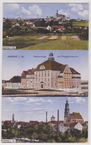 907143 Mehrbild Ak Kamenz i. Sa. Totalansicht. Realschule mit Progymnasium. 1917