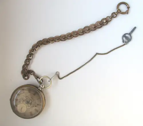 vergoldete Schlüsselaufzug Taschenuhr + Uhrkette um 1900 (112833)
