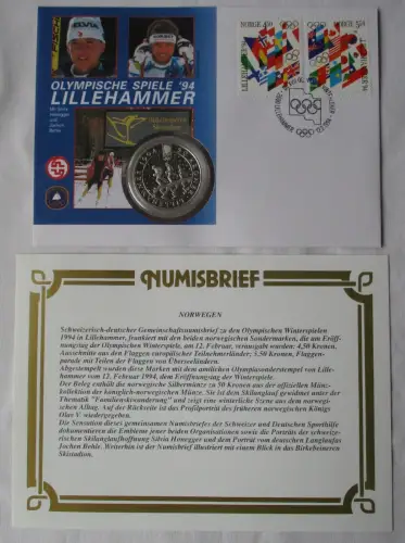 Numisbrief Olympische Spiele Lillehammer 1994 mit 5 Kroner Silber Norwegen