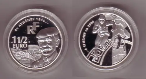1 1/2 Euro Silber Frankreich Olympiade Athen 2004, Pierre de Coubertin 2003 PP