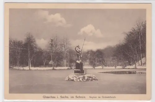 80472 Feldpost Ak Glauchau im Schnee - Neptun im Gründelteich 1918