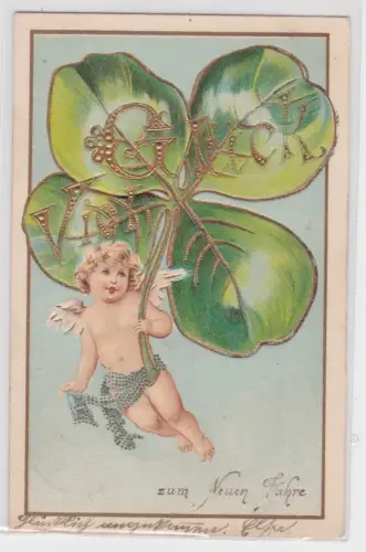 909309 Präge Ak Viel Glück zum Neuen Jahre, Engel mit Kleeblatt 1906