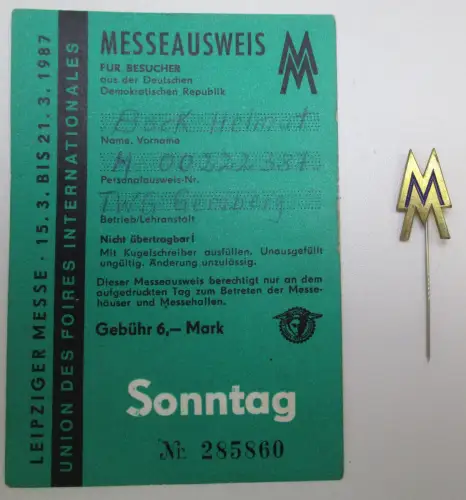 DDR Abzeichen Leipziger Messe Frühjahr 1987 plus Messeausweis (149210)