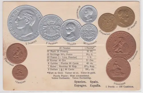 09810 geprägte Ak mit Münzen von Spanien um 1900