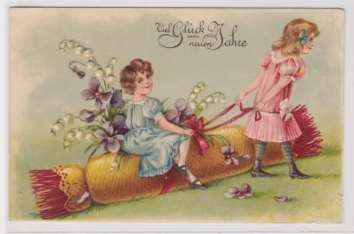 909066 Glückwunsch AK Viel Glück zum neuen Jahre, Mädchen mit Knallbonbon 1908