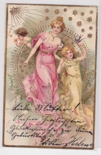 909069 Präge AK Jugendstil Frauen vor goldener und geprägter Dekor 1903
