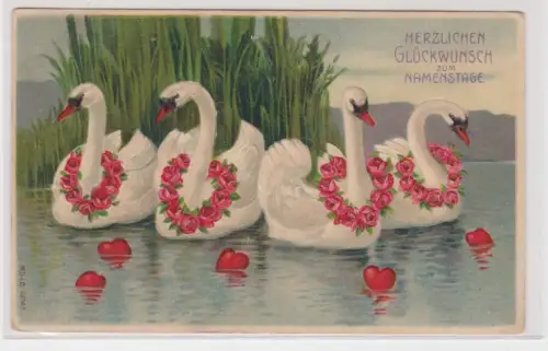 909071 Präge AK Herzlichen Glückwunsch zum Namenstag, Schwäne mit Blumenkranz