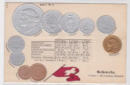 92911 geprägte Ak mit Münzen von Schweiz Suisse Switzerland um 1900