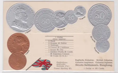49316 geprägte Ak mit Münzen von Straits Settlements Hongkong um 1900