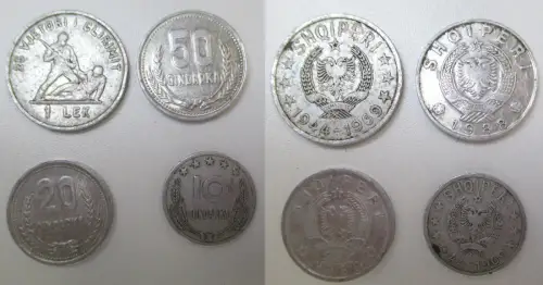 4 Münzen Albanien: 20 + 50 Qindarka 1988 / 10 Qindarka + 1 Lek 1969 (159588)