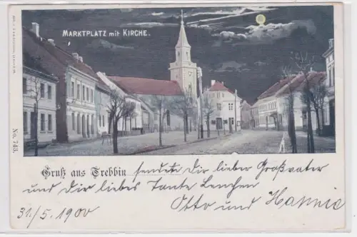 07445 Ak  Gruss aus Trebbin. Marktplatz mit Kirche. 1900