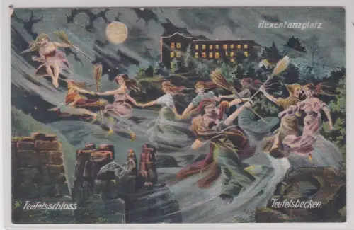 02492 Künstler Ak Die Sage vom Hexentanzplatz - Teufelsschloss u. Teufelsbecken