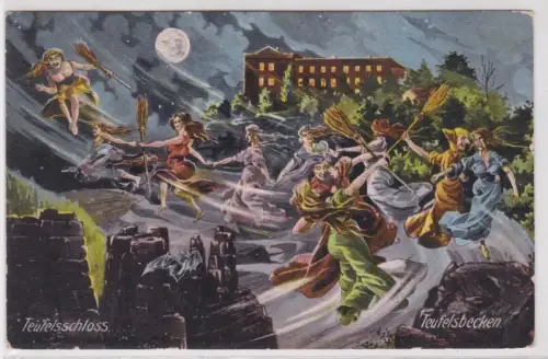 36666 Künstler Ak Die Sage vom Hexentanzplatz - Teufelsschloss u. Teufelsbecken