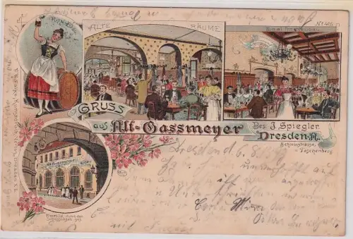 75263 Ak Lithographie Gruß aus Restaurant Alt Gassmeyer Dresden 1899