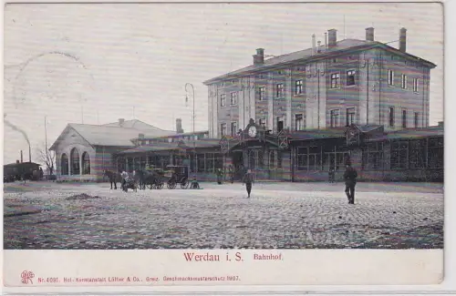 62548 Ak Werdau in Sachsen Bahnhof mit Pferdekutsche 1910