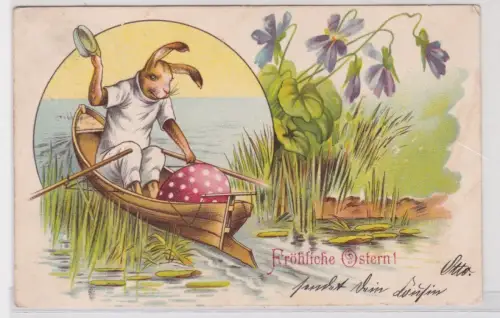 909077 Lithographie Ak Fröhliche Ostern! Hase mit Osterei im Boot um 1900