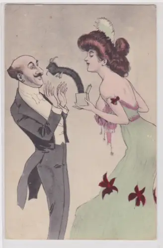 909083 Künstler Ak Verlag Sect Erotik Teufel in Pappkarton um 1920