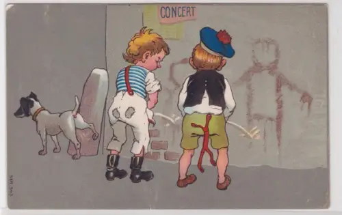 909085 Künstler Ak Karikatur 2 Jungen und 1 Hund pinkeln die Wand an um 1910